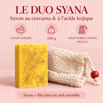 Présentation de l’ensemble : savon solide de 100 g et filet inclus