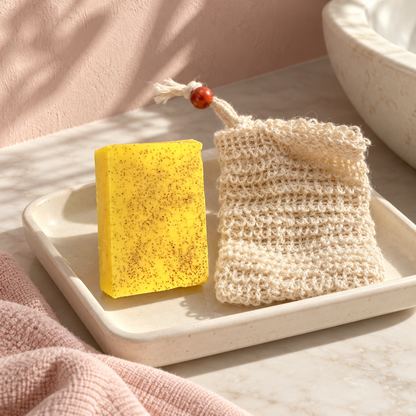 Savon et filet dans une ambiance de salle de bain rose et crème